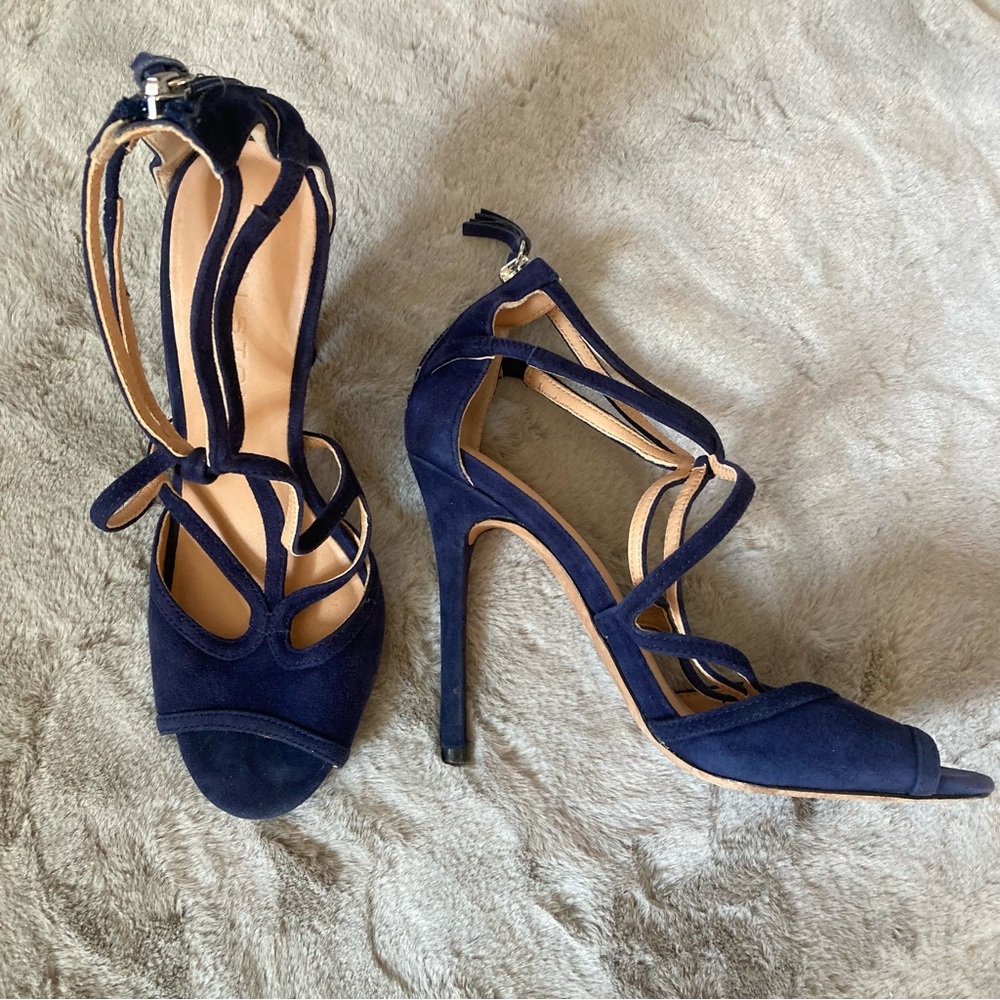 Halston Heritage Monica Navy blue Suede Strappy stiletto Heel Sandals Sz 5